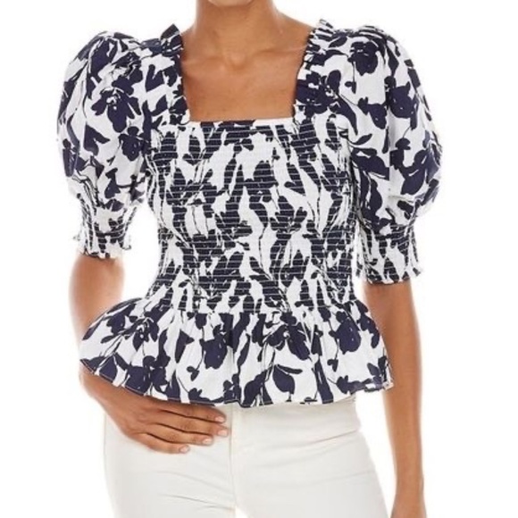 CeCe Abstract Floral Navy & White Short Puff Sleeve Smocked Peplum Top – Size L - Picture 9 of 9